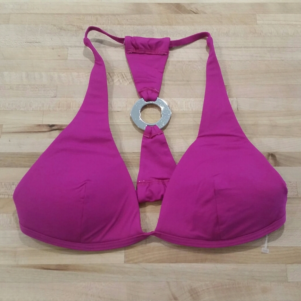 Victoria's Secret Hot Pink Halter Bikini Top with Silver Ring
